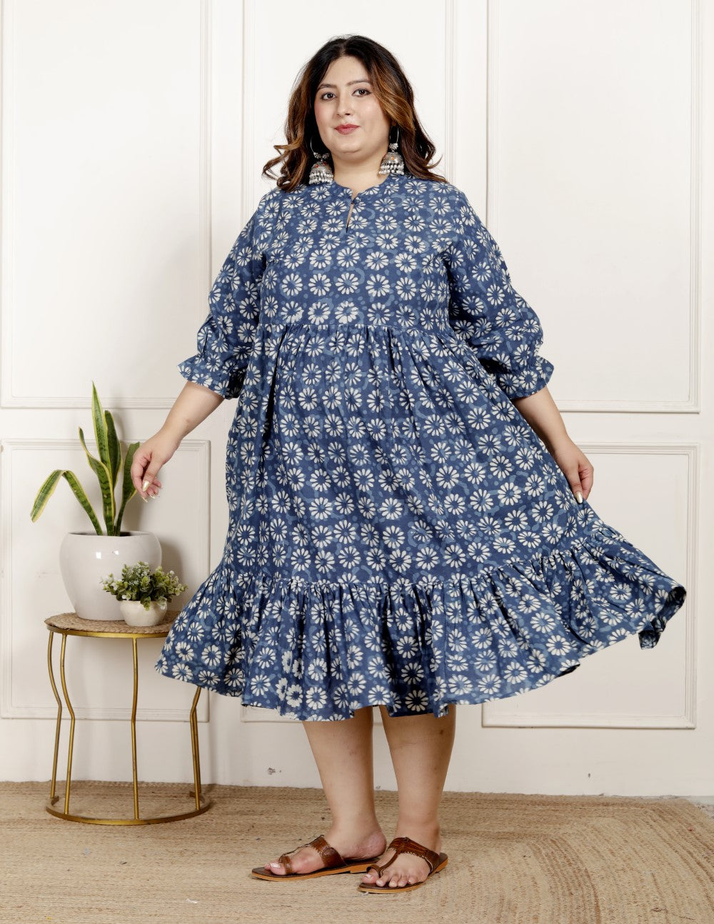 Plus Size Blue Cotton Blend Flared Frock Style-600024