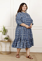 Plus Size Blue Cotton Blend Flared Frock Style-600024