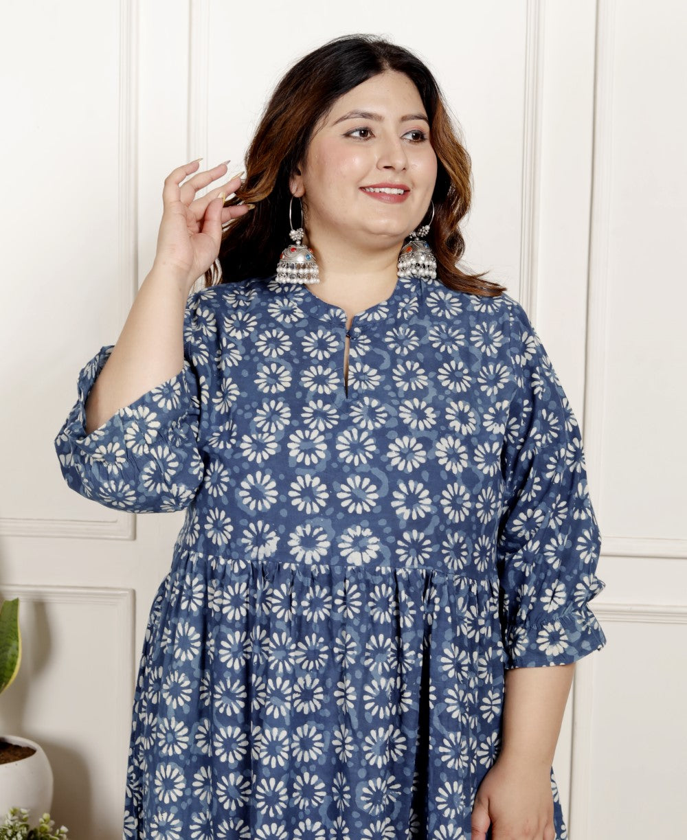 Plus Size Blue Cotton Blend Flared Frock Style-600024