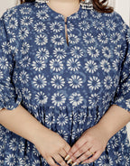 Plus Size Blue Cotton Blend Flared Frock Style-600024