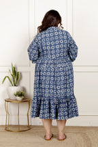 Plus Size Blue Cotton Blend Flared Frock Style-600024