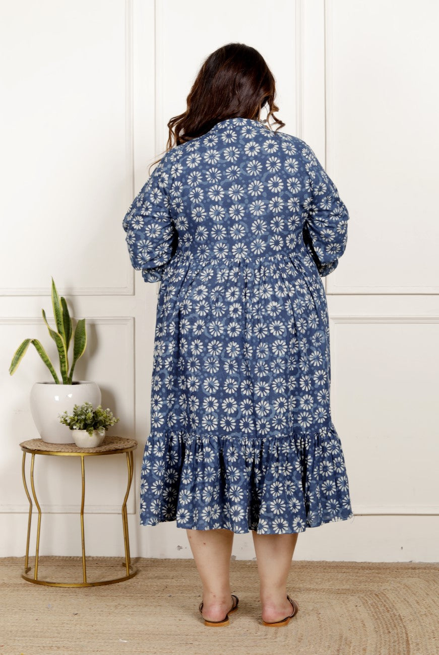 Plus Size Blue Cotton Blend Flared Frock Style-600024