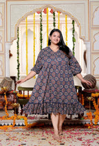 Plus Size Blue Cotton  Flared Frock Style-600025