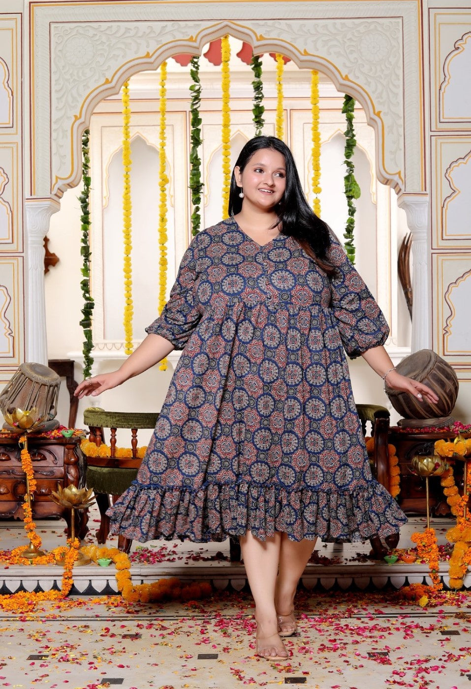 Plus Size Blue Cotton  Flared Frock Style-600025