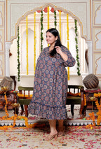 Plus Size Blue Cotton  Flared Frock Style-600025