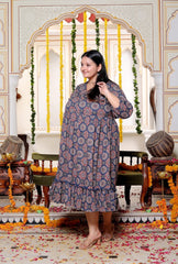 Plus Size Blue Cotton  Flared Frock Style-600025