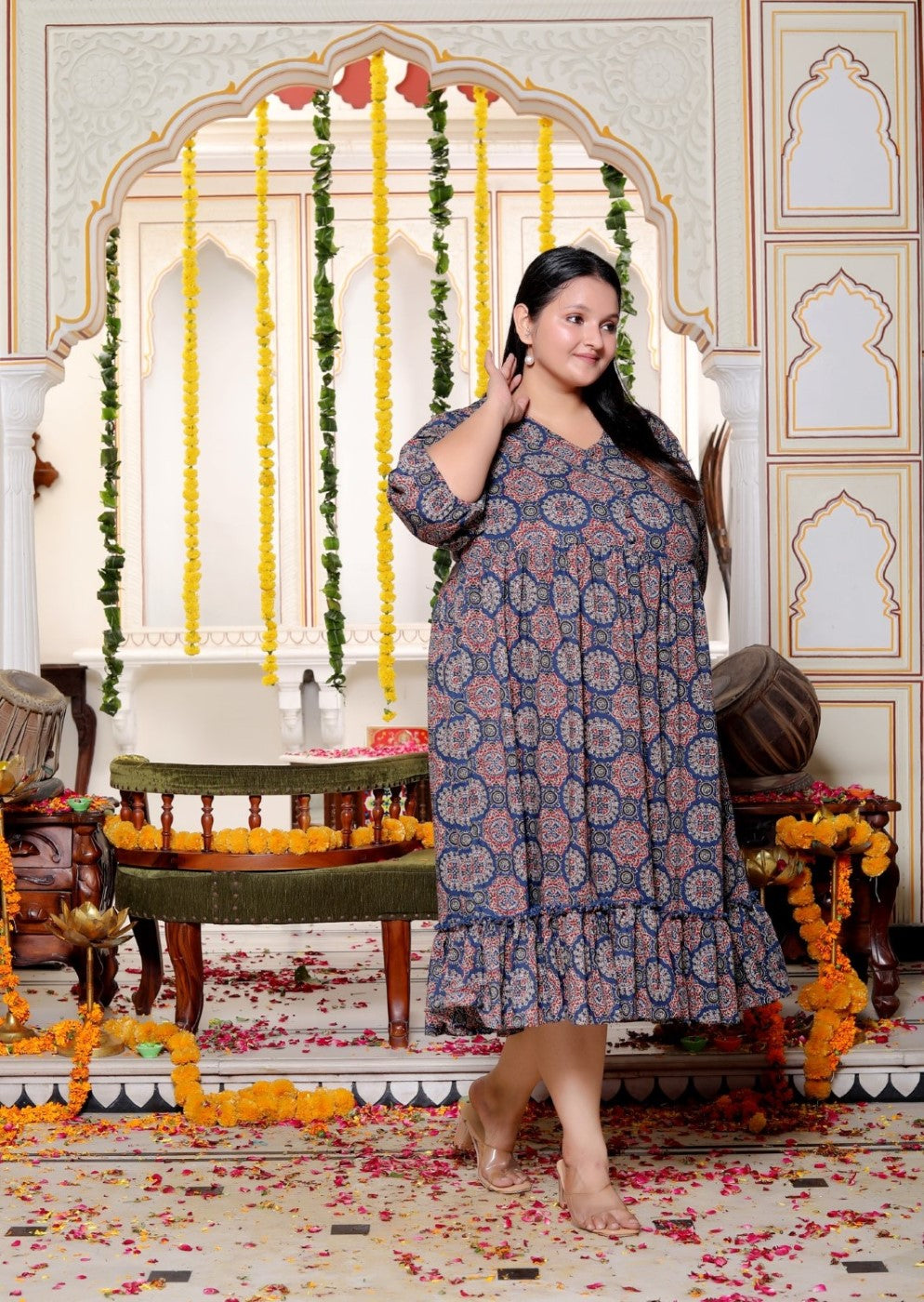 Plus Size Blue Cotton  Flared Frock Style-600025