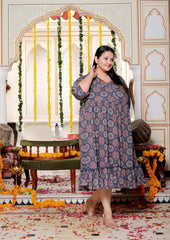 Plus Size Blue Cotton  Flared Frock Style-600025