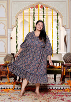 Plus Size Blue Cotton  Flared Frock Style-600025