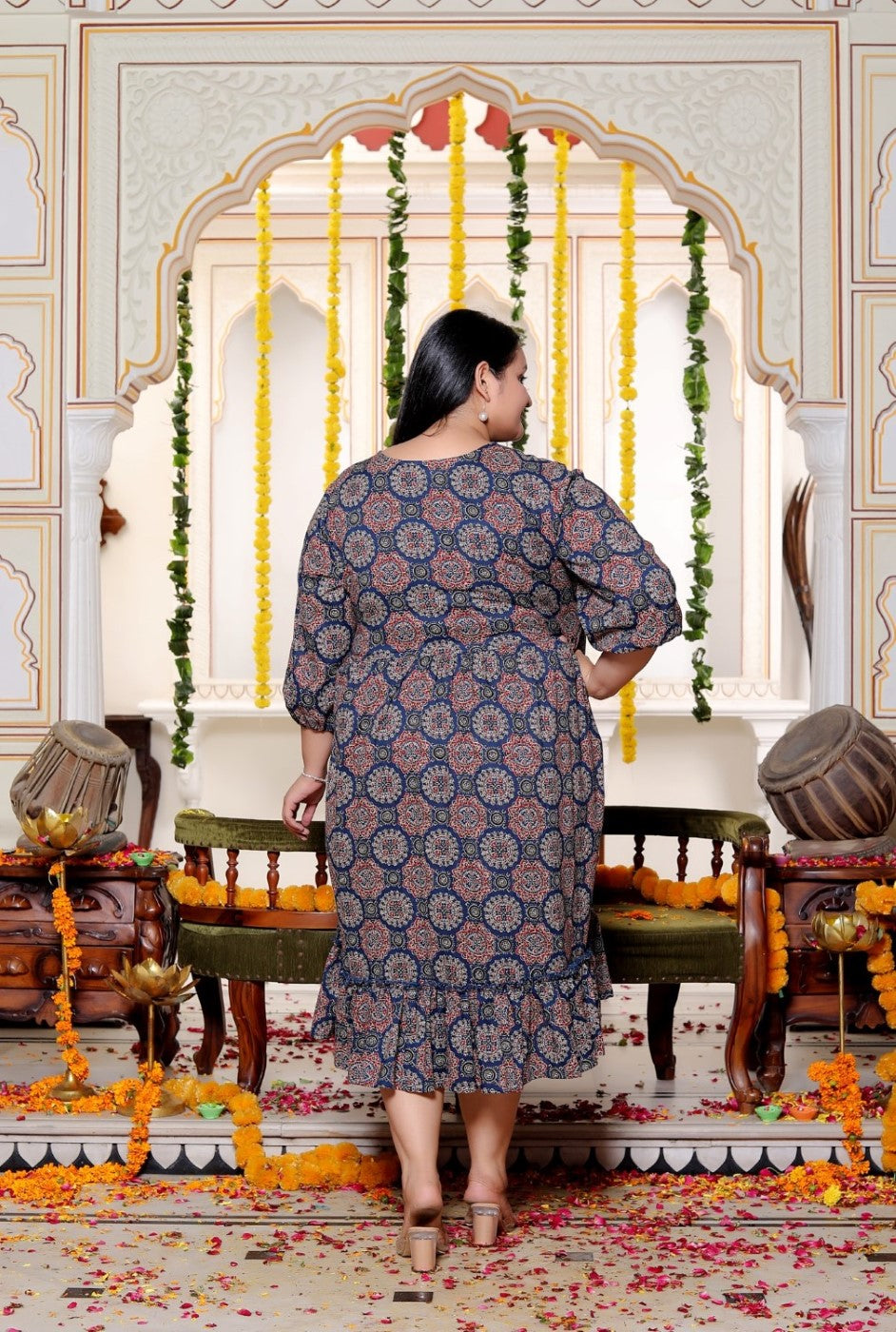 Plus Size Blue Cotton  Flared Frock Style-600025