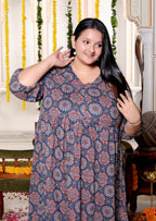 Plus Size Blue Cotton  Flared Frock Style-600025