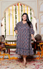 Plus Size Blue Cotton  Flared Frock Style-600025