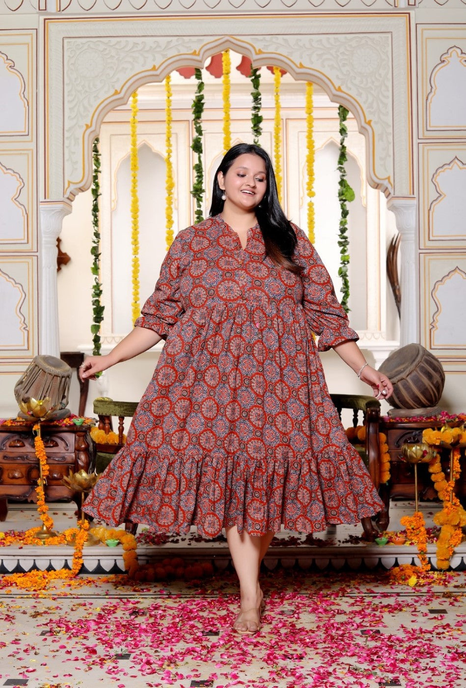 Plus Size Red Cotton  Flared Frock Style-600026