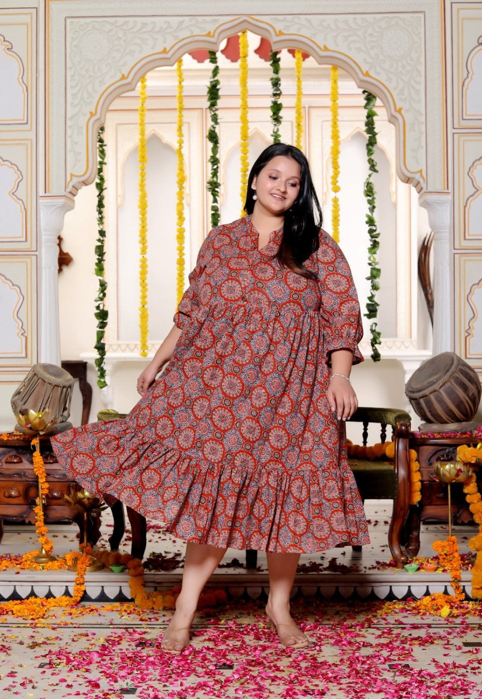 Plus Size Red Cotton  Flared Frock Style-600026