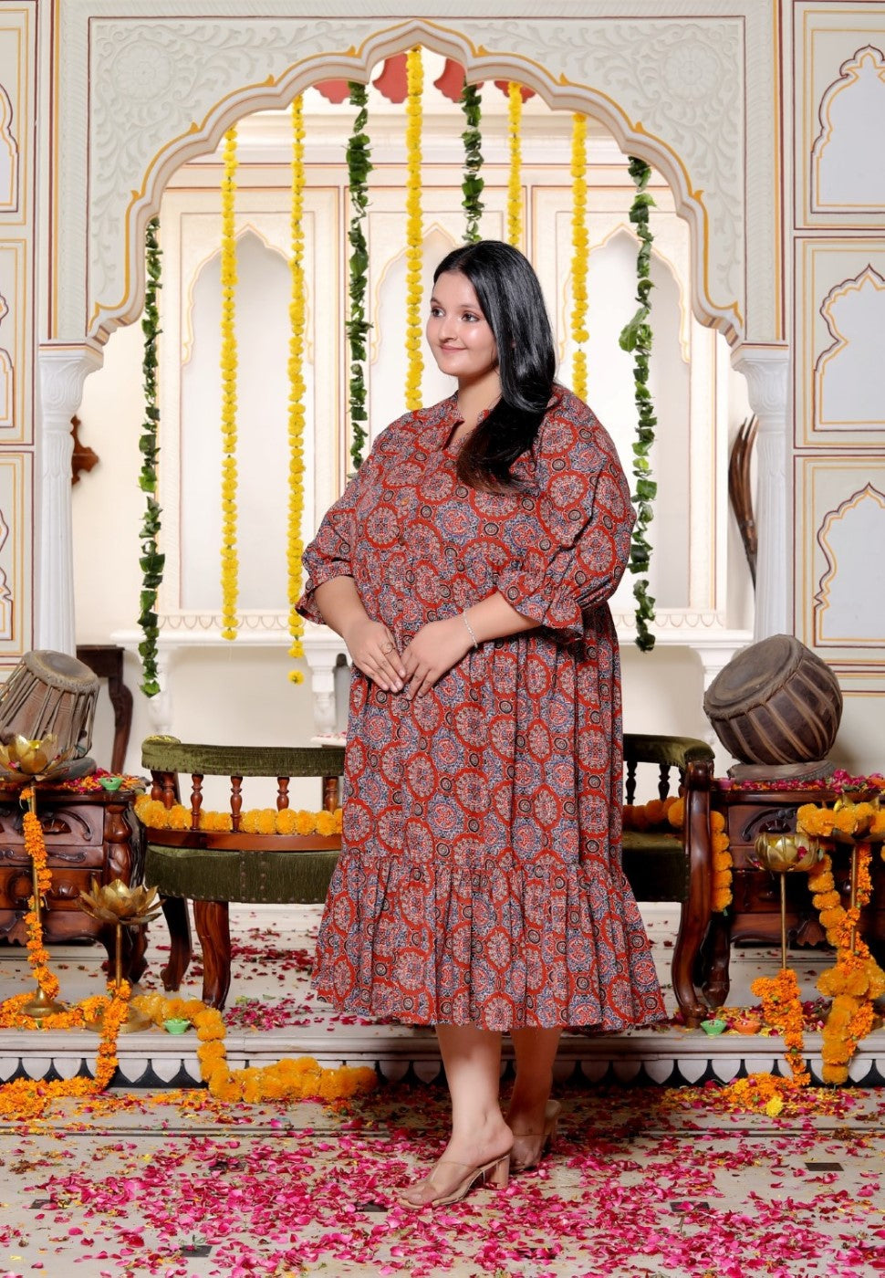 Plus Size Red Cotton  Flared Frock Style-600026