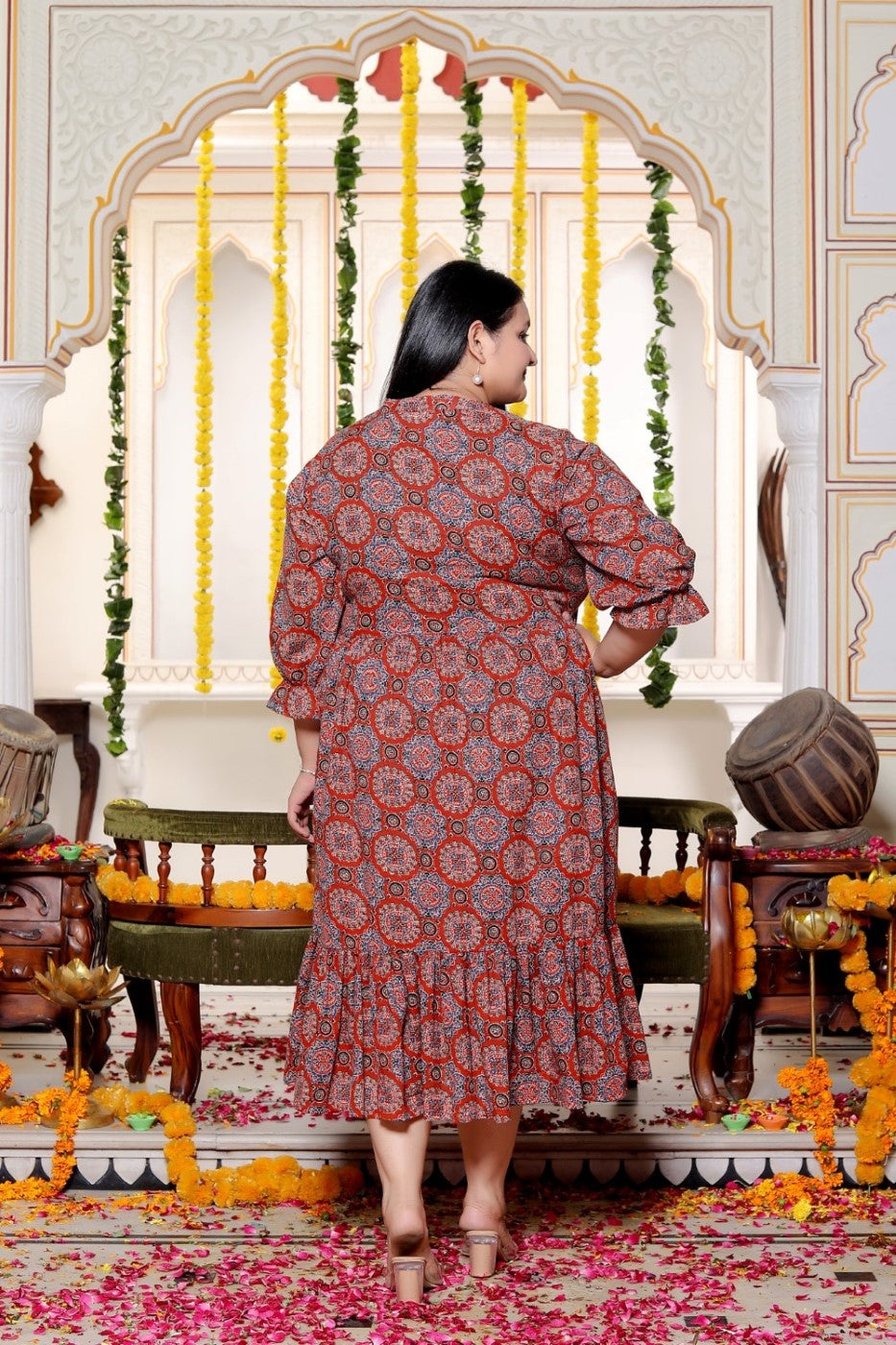 Plus Size Red Cotton  Flared Frock Style-600026