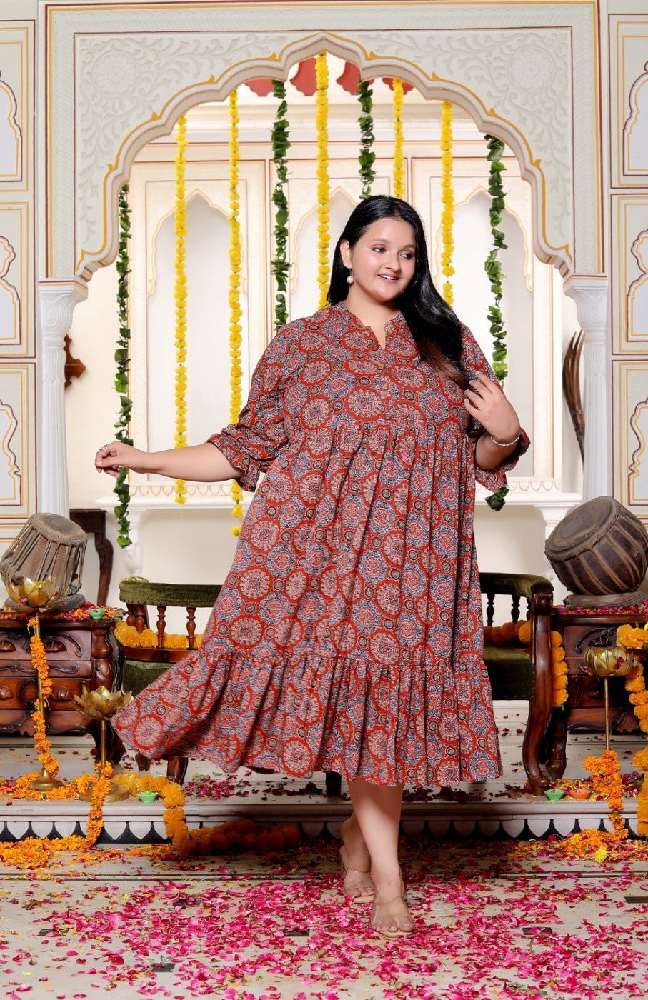 Plus Size Red Cotton  Flared Frock Style-600026