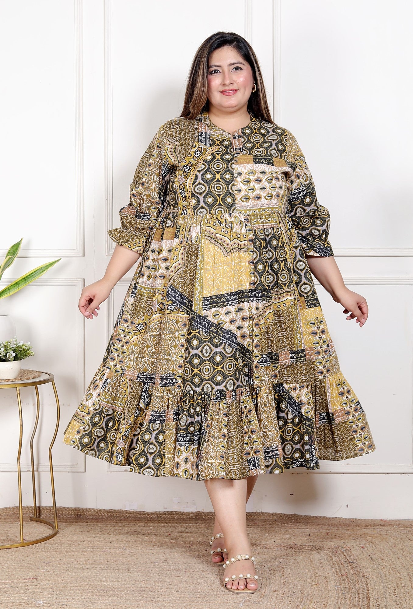 Plus Size Green Cotton Flared Frock Style-600028