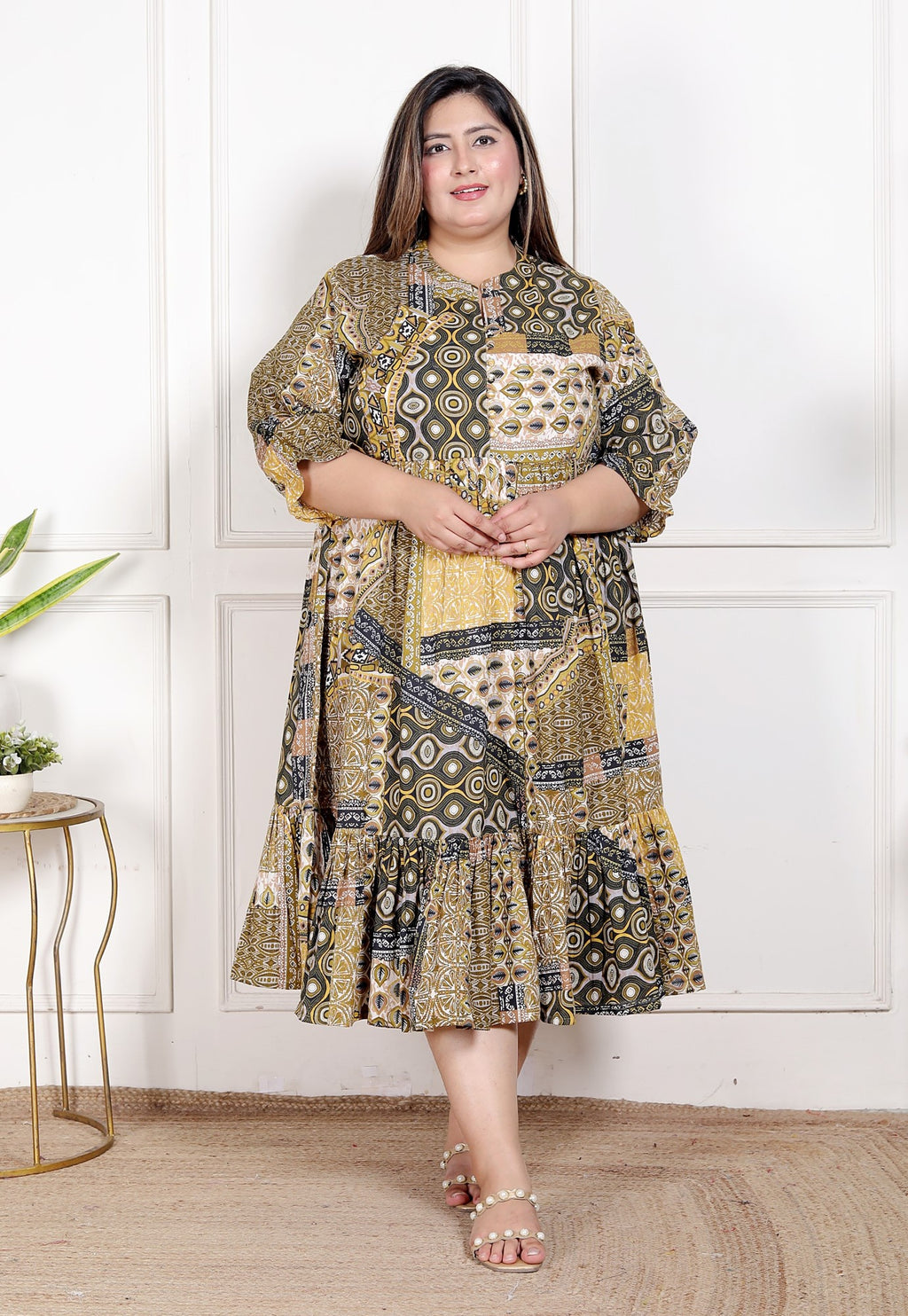 Plus Size Green Cotton Flared Frock Style-600028