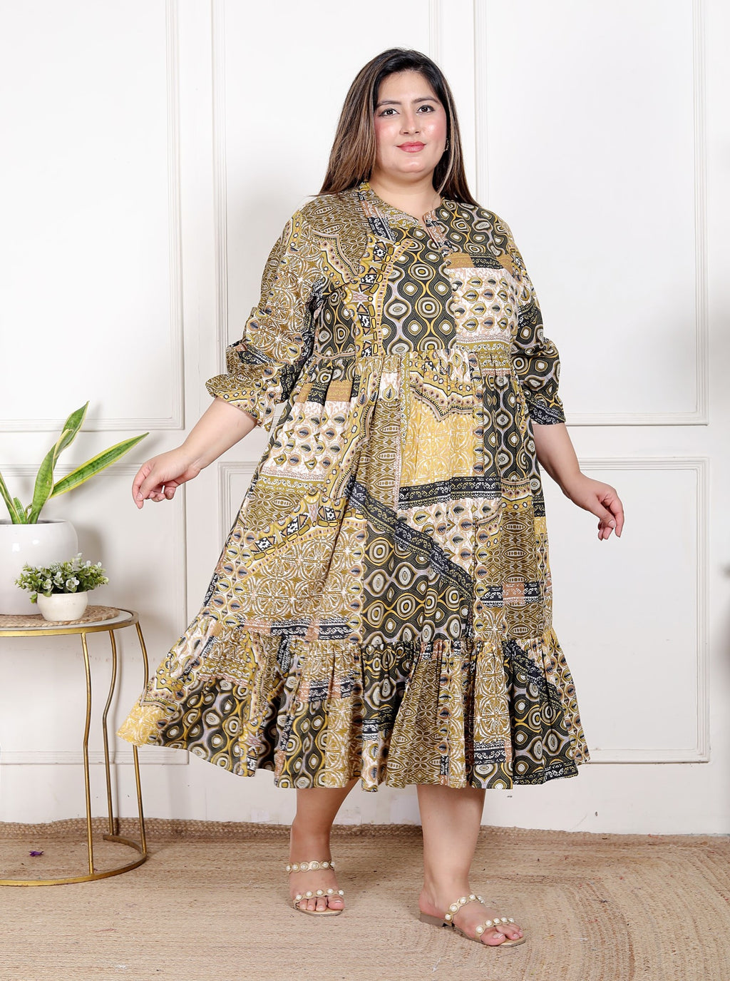 Plus Size Green Cotton Flared Frock Style-600028
