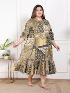 Plus Size Green Cotton Flared Frock Style-600028
