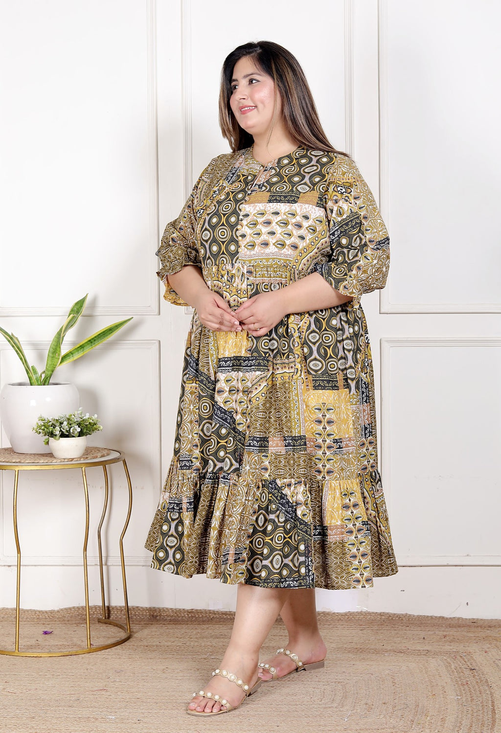 Plus Size Green Cotton Flared Frock Style-600028