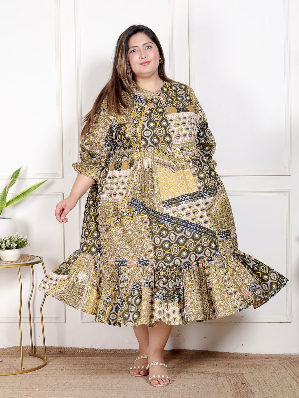 Plus Size Green Cotton Flared Frock Style-600028