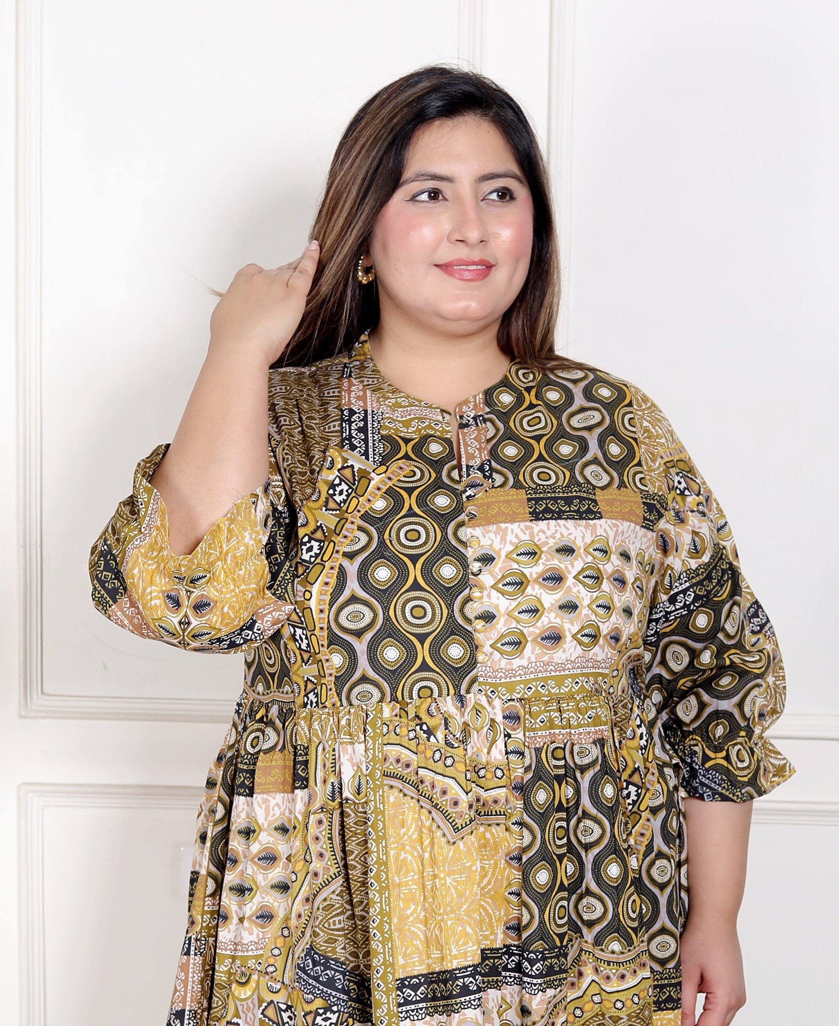 Plus Size Green Cotton Flared Frock Style-600028