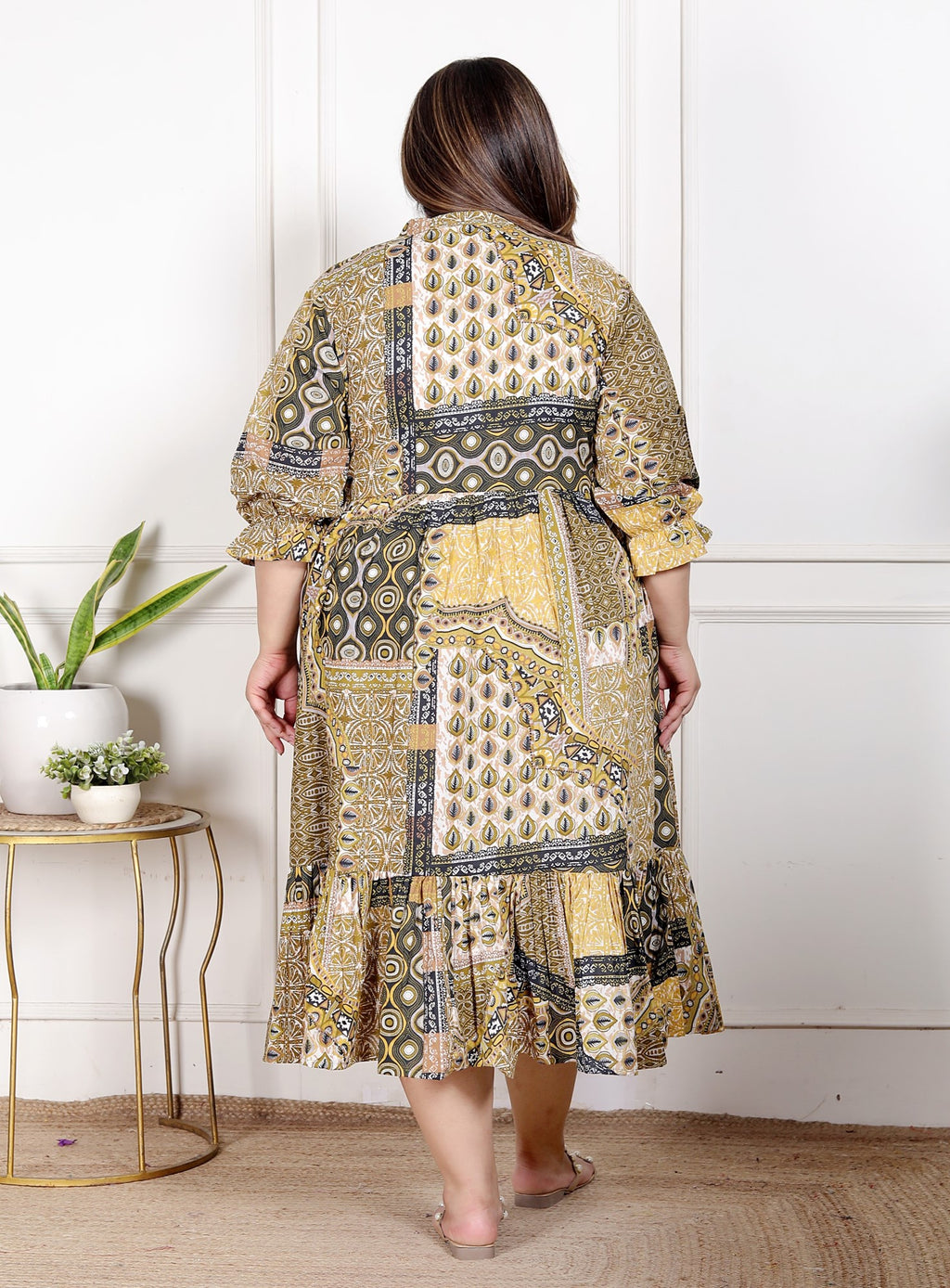 Plus Size Green Cotton Flared Frock Style-600028