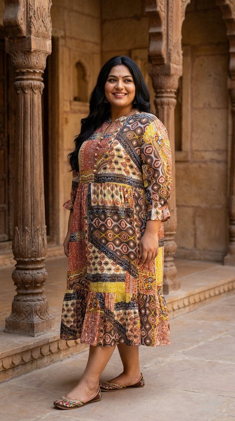 Plus Size Orange Cotton Flared Frock Style-600029