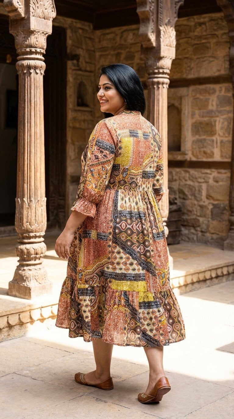 Plus Size Orange Cotton Flared Frock Style-600029