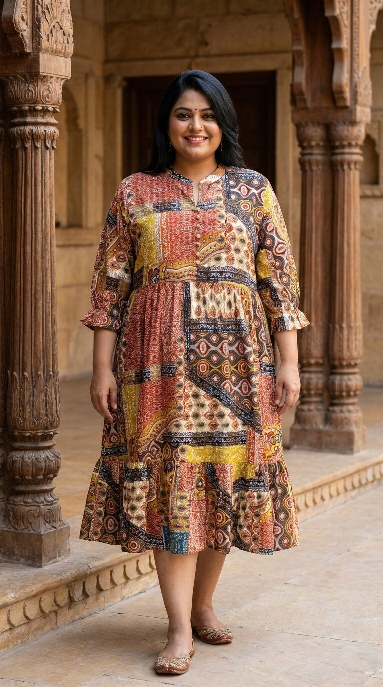 Plus Size Orange Cotton Flared Frock Style-600029 Main image