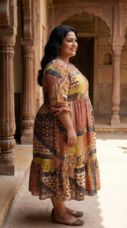 Plus Size Orange Cotton Flared Frock Style-600029