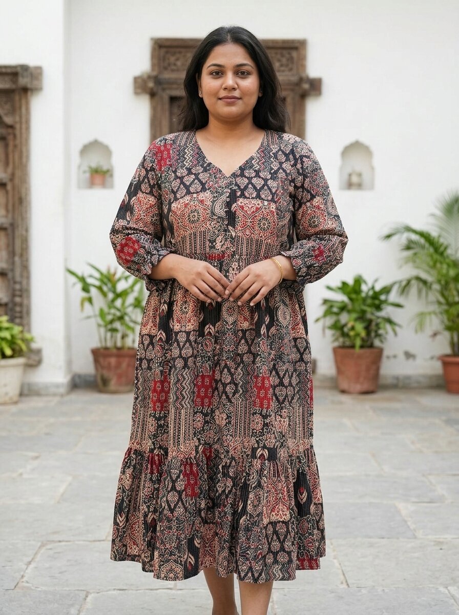 Plus Size Black Cotton Flared Frock Style-600030