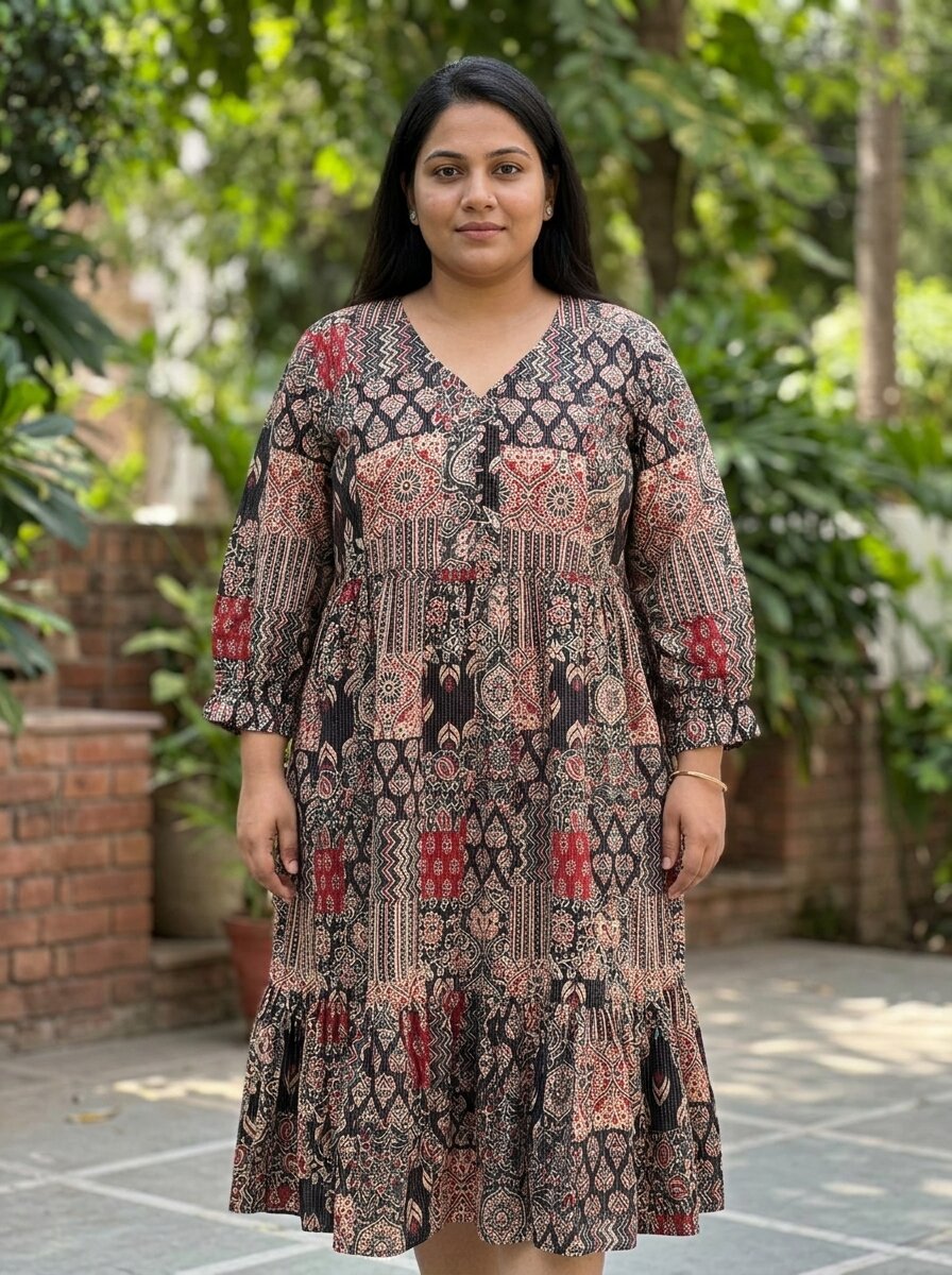Plus Size Black Cotton Flared Frock Style-600030