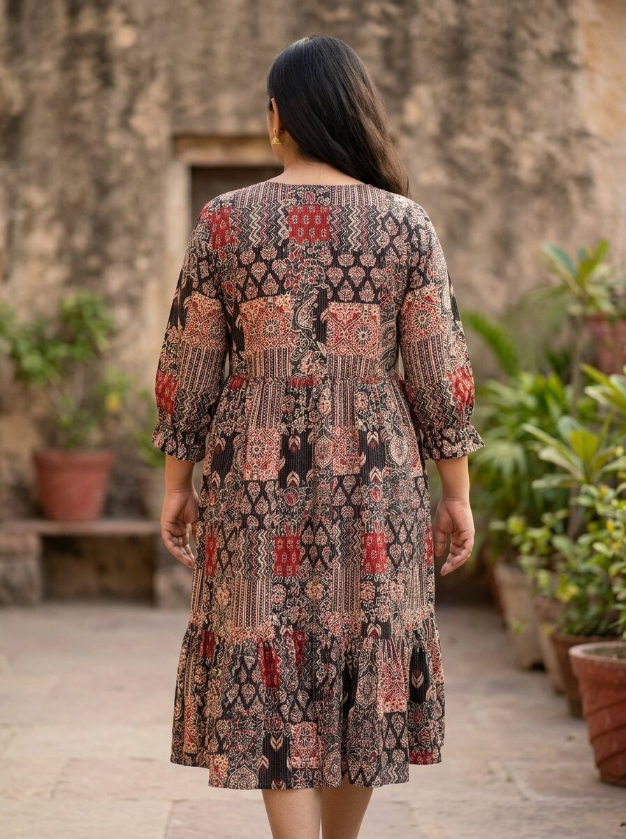 Plus Size Black Cotton Flared Frock Style-600030