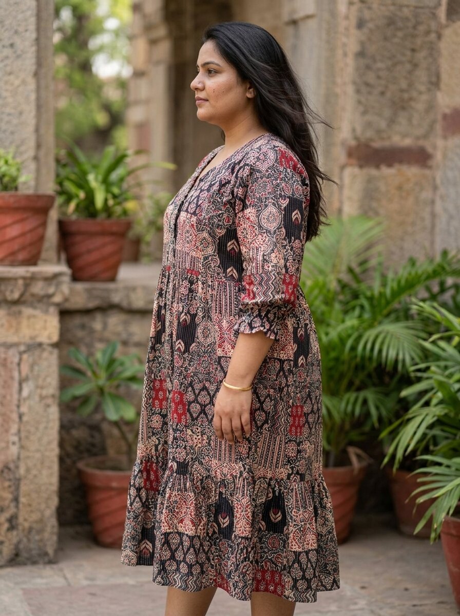Plus Size Black Cotton Flared Frock Style-600030