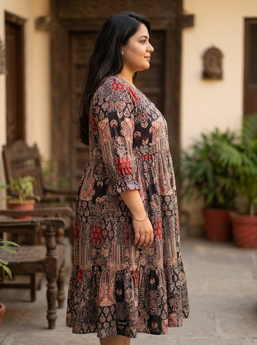 Plus Size Black Cotton Flared Frock Style-600030