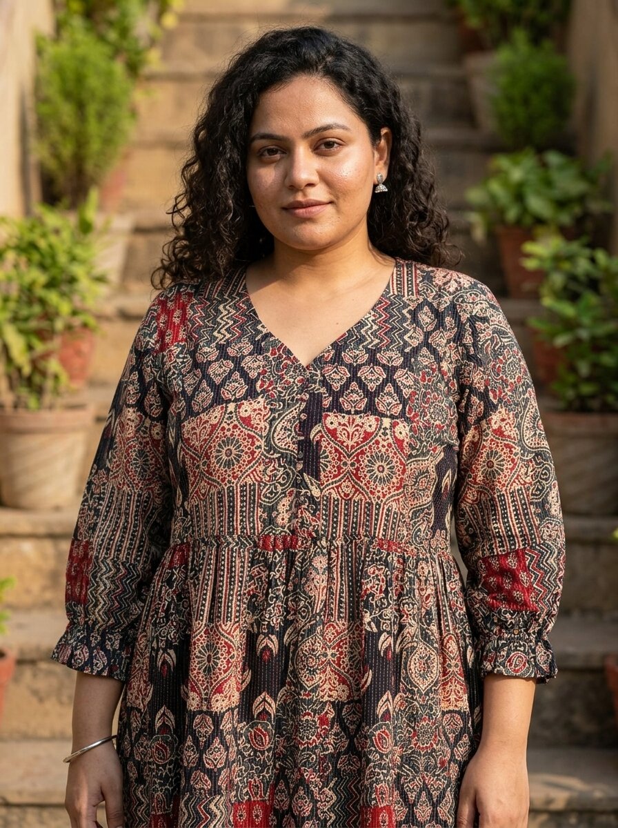 Plus Size Black Cotton Flared Frock Style-600030