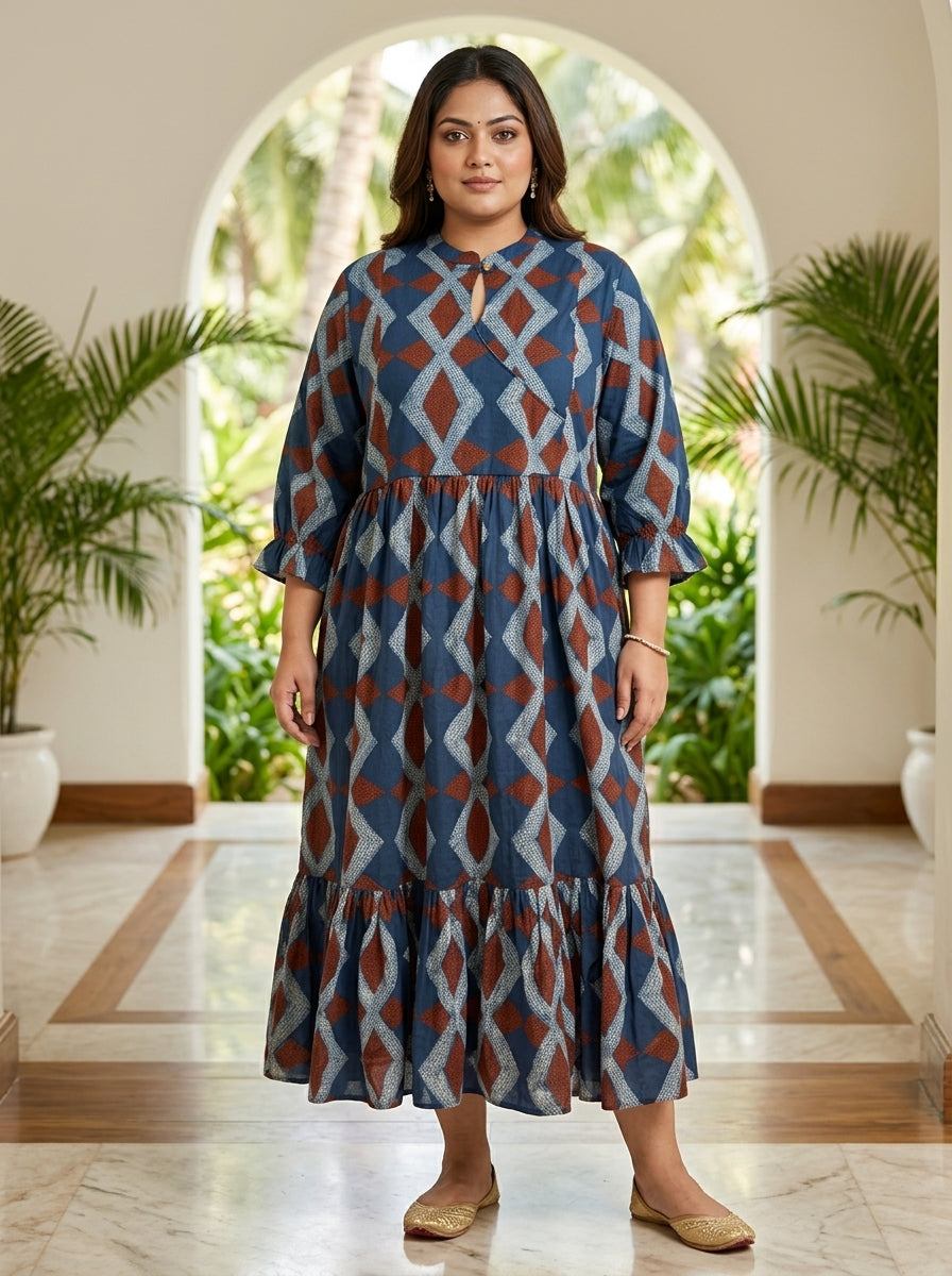 Blue Cotton Flared Frock Style Plus Size-600031