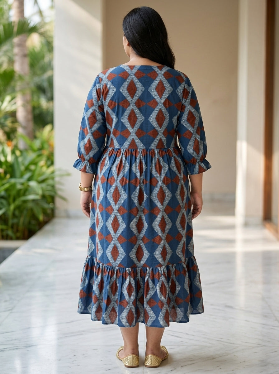 Blue Cotton Flared Frock Style Plus Size-600031