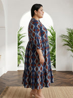 Blue Cotton Flared Frock Style Plus Size-600031