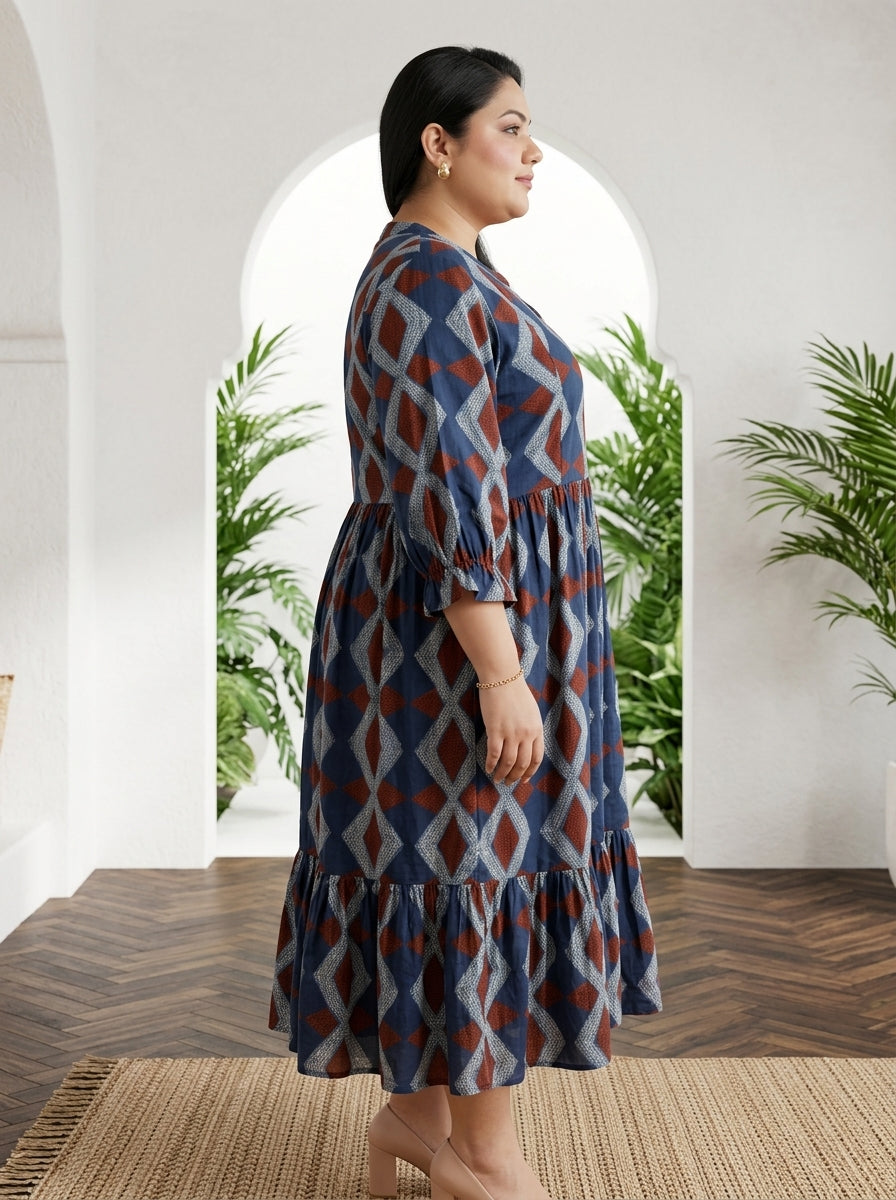 Blue Cotton Flared Frock Style Plus Size-600031