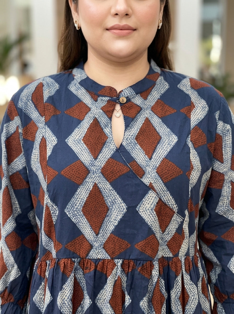 Blue Cotton Flared Frock Style Plus Size-600031