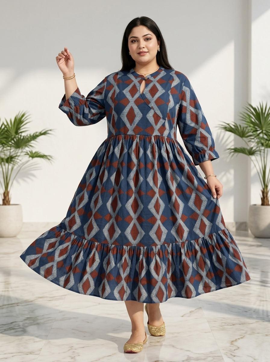 Blue Cotton Flared Frock Style Plus Size-600031 Main image