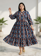 Blue Cotton Flared Frock Style Plus Size-600031