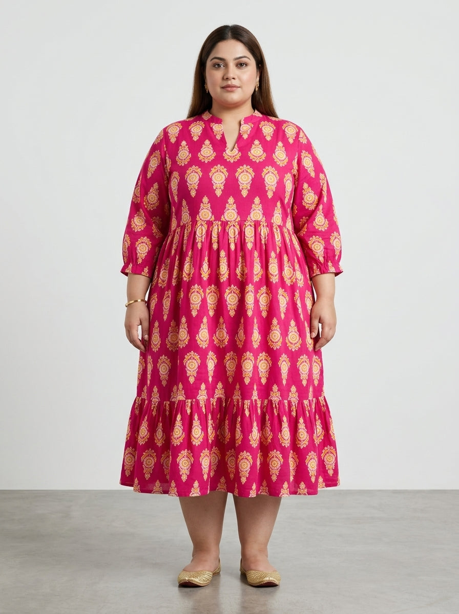 Plus Size Pink Cotton Flared Frock Style-600032 Secondary image