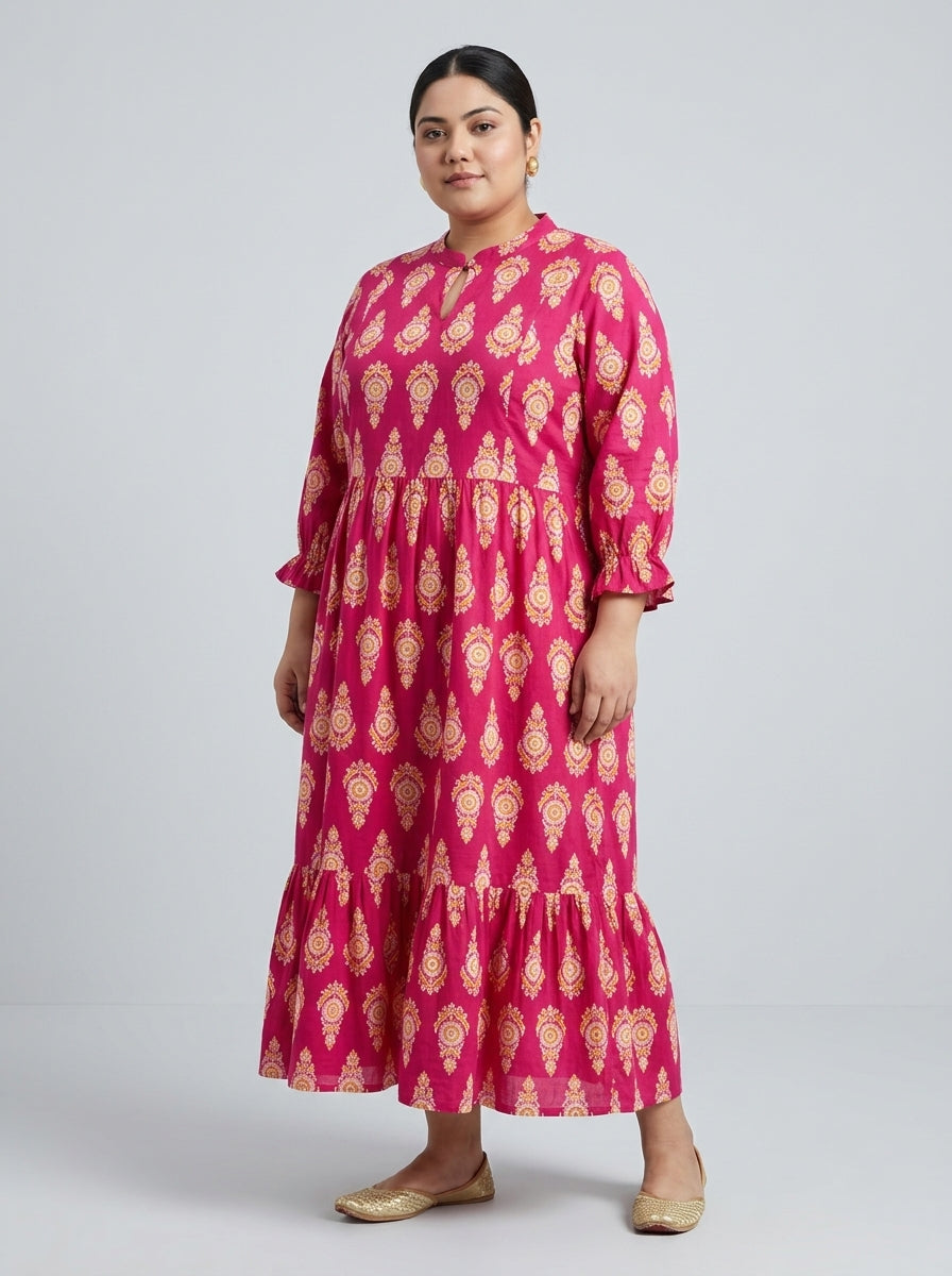 Plus Size Pink Cotton Flared Frock Style-600032