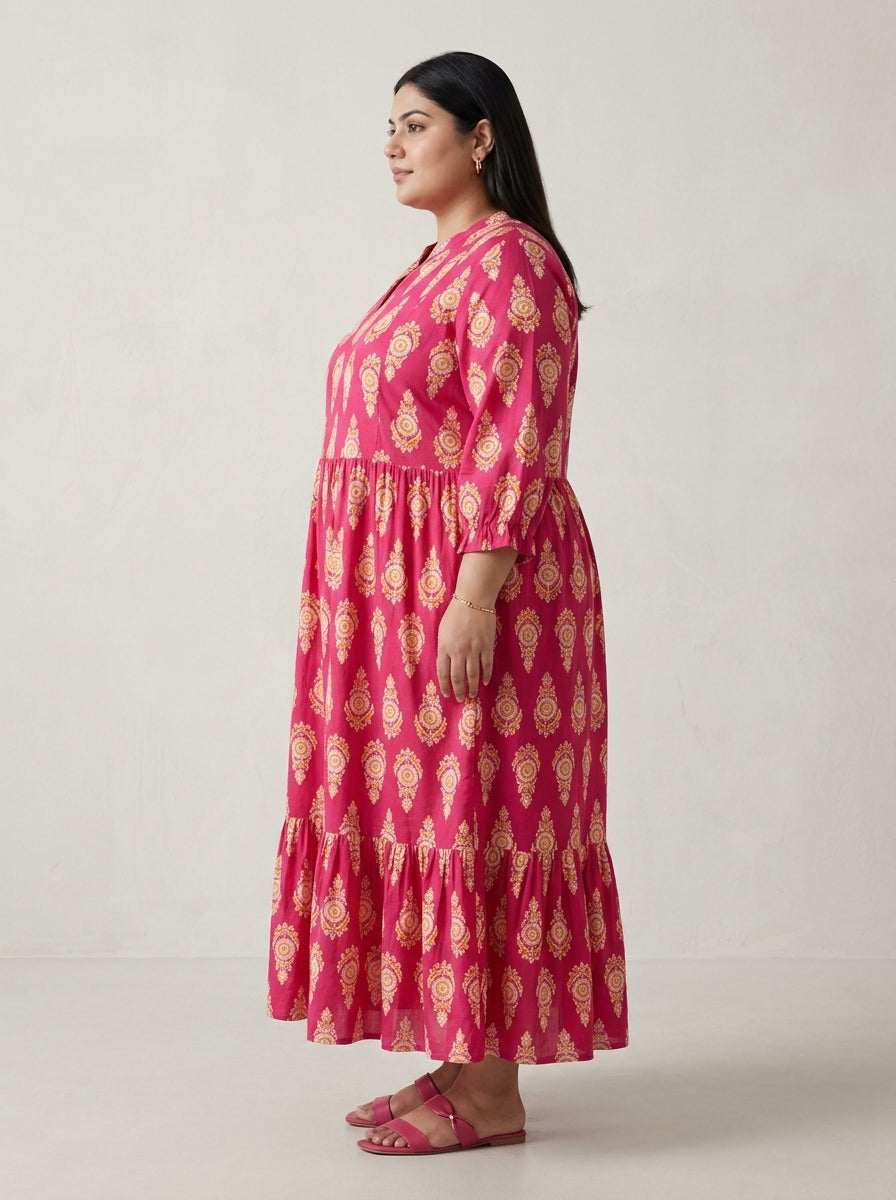 Plus Size Pink Cotton Flared Frock Style-600032