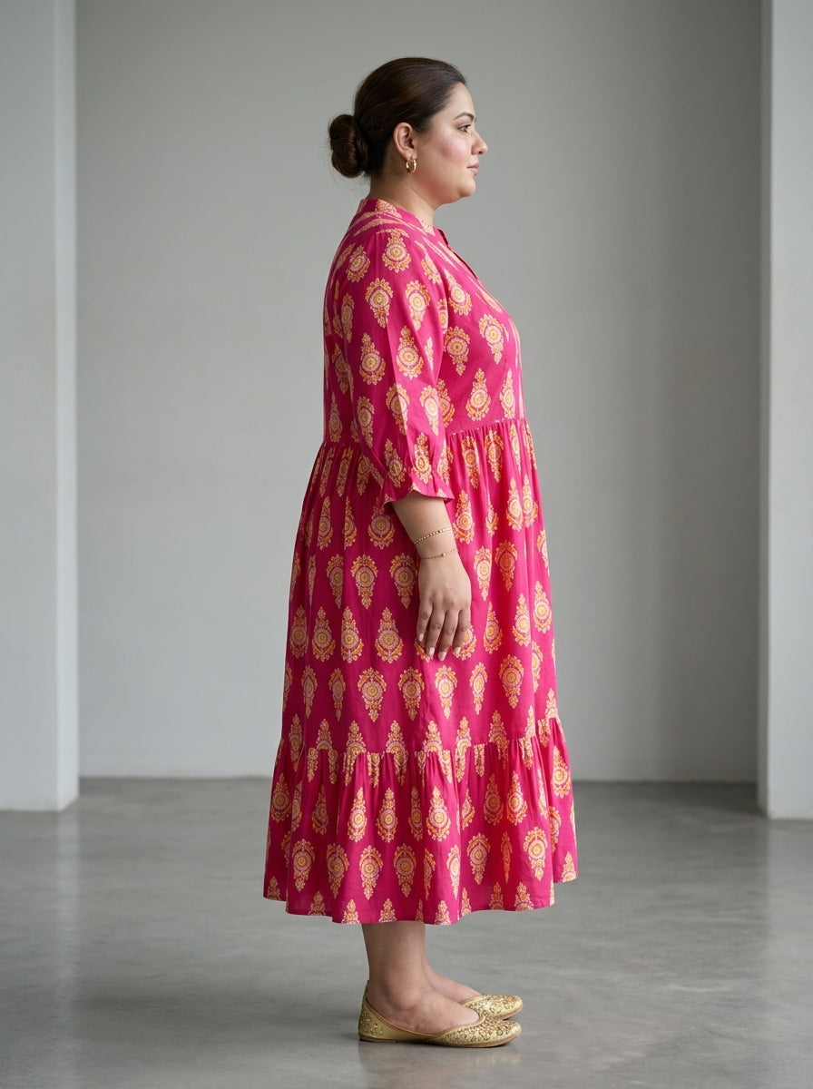 Plus Size Pink Cotton Flared Frock Style-600032